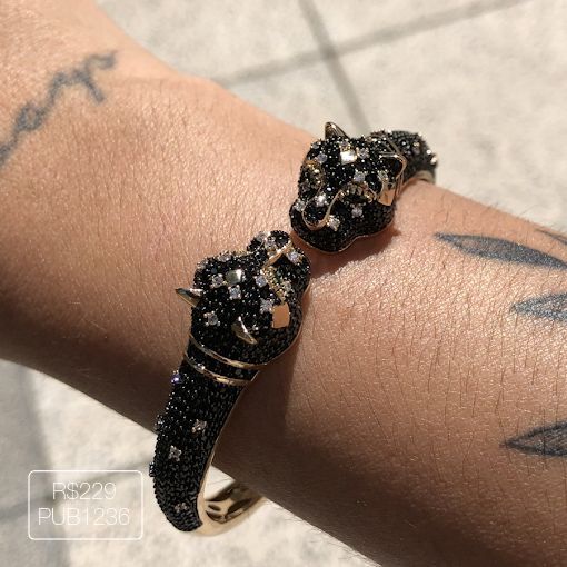 Bracelete Tigre Cravejado no Negro Dourado